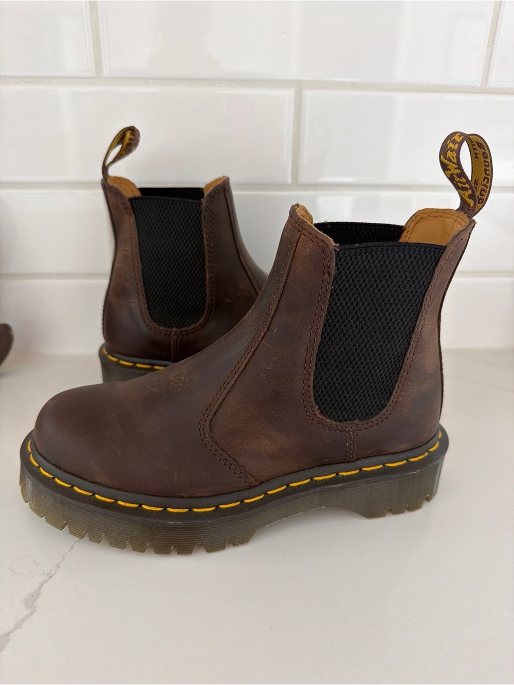 Dr. Martens Brown Leather Chelsea Boots with Yellow Stitching